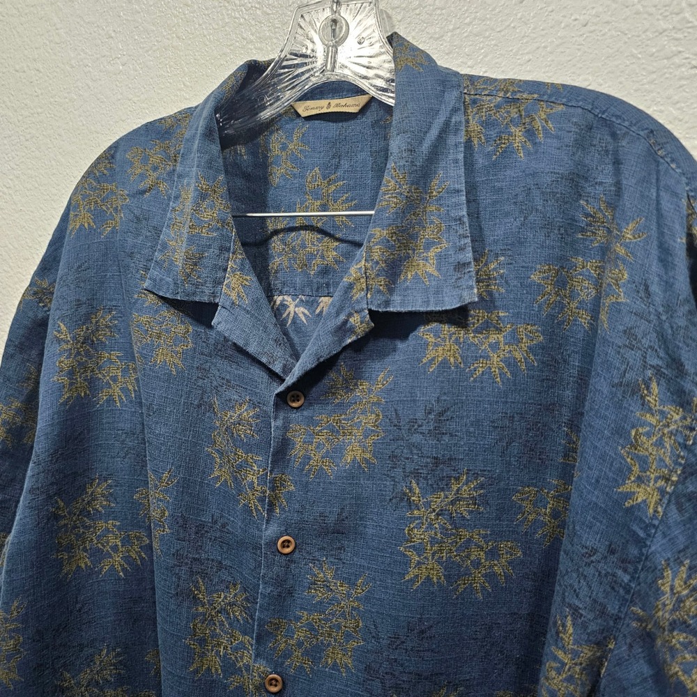 Tommy Bahama Mens XL Blue‎ Linen Bamboo Leaf Print Short Sleeve Camp Shirt